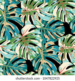 Tropical Leaves. Seamless Texture with Bright Hand Drawn Leaves of Exotic Tree. Summer Rapport for Calico, Textile, Swimwear. Vector Seamless Background with Tropic Plants. Watercolor Effect.