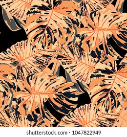 Tropical Leaves. Seamless Texture with Bright Hand Drawn Leaves of Exotic Tree. Bright Rapport for Paper, Textile, Wallpaper. Vector Seamless Background with Tropic Plants. Watercolor Effect.