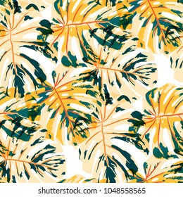 Tropical Leaves. Seamless Texture with Bright Hand Drawn Leaves of Monstera. Bright Rapport for Paper, Textile, Wallpaper. Vector Seamless Background with Tropic Plants.