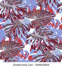 Tropical Leaves. Seamless Texture with Bright Hand Drawn Leaves of Exotic Tree. Spring Rapport for Paper, Cloth, Fabric. Vector Seamless Background with Tropic Plants. Watercolor Effect.