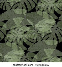Tropical Leaves. Seamless Texture with Bright Hand Drawn Leaves of Exotic Tree. Bright Rapport for Paper, Textile, Wallpaper. Vector Seamless Background with Tropic Plants. Watercolor Effect.