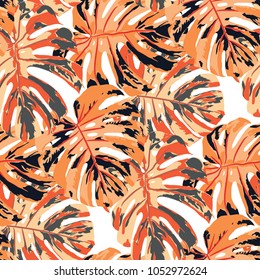 Tropical Leaves. Seamless Texture with Bright Hand Drawn Leaves of Monstera. Summer Rapport for Print, Paper, Swimwear. Vector Seamless Background with Tropic Plants. Watercolor Effect.