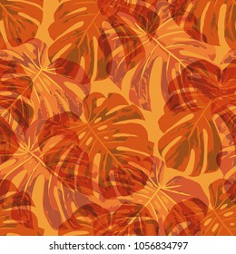 Tropical Leaves. Seamless Texture with Bright Hand Drawn Leaves of Exotic Tree. Trendy Rapport for Print, Textile, Fabric. Vector Seamless Background with Tropic Plants. Watercolor Effect.