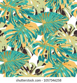 Tropical Leaves. Seamless Texture with Bright Hand Drawn Leaves of Exotic Tree. Spring Rapport for Print, Paper, Swimwear. Vector Seamless Background with Tropic Plants. Watercolor Effect.