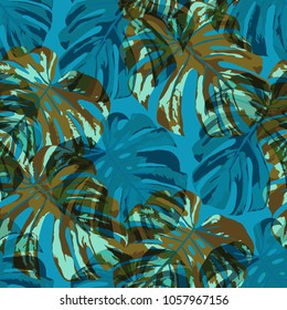 Tropical Leaves. Seamless Texture with Bright Hand Drawn Leaves of Exotic Tree. Bright Rapport for Print, Textile, Swimwear. Vector Seamless Background with Tropic Plants. Watercolor Effect.