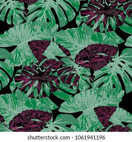 Tropical Leaves. Seamless Texture with Bright Hand Drawn Leaves of Monstera. Spring Rapport for Calico, Textile, Wallpaper. Vector Seamless Background with Tropic Plants. Watercolor Effect.