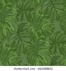 Tropical Leaves. Seamless Texture with Bright Hand Drawn Leaves of Monstera. Spring Rapport for Calico, Textile, Wallpaper. Vector Seamless Background with Tropic Plants. Watercolor Effect.