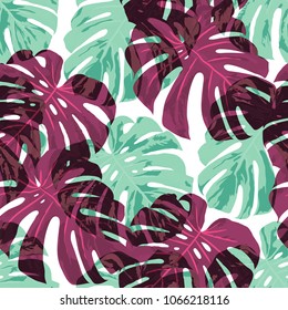 Tropical Leaves. Seamless Texture with Bright Hand Drawn Leaves of Exotic Tree. Summer Rapport for Paper, Cloth, Fabric. Vector Seamless Background with Tropic Plants. Watercolor Effect.