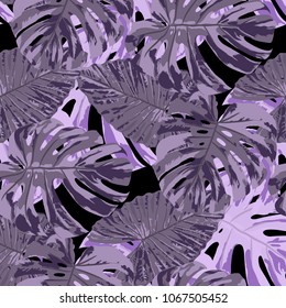 Tropical Leaves. Seamless Texture with Bright Hand Drawn Leaves of Exotic Tree. Bright Rapport for Print, Textile, Fabric. Vector Seamless Background with Tropic Plants. Watercolor Effect.