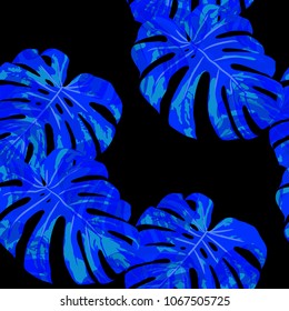 Tropical Leaves. Seamless Texture with Bright Hand Drawn Leaves of Monstera. Trendy Rapport for Paper, Cloth, Wallpaper. Vector Seamless Background with Tropic Plants. Watercolor Effect.