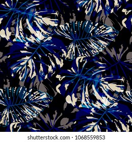 Tropical Leaves. Seamless Texture with Bright Hand Drawn Leaves of Monstera. Summer Rapport for Paper, Textile, Wallpaper. Vector Seamless Background with Tropic Plants. Watercolor Effect.