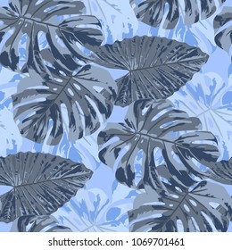 Tropical Leaves. Seamless Texture with Bright Hand Drawn Leaves of Exotic Tree. Spring Rapport for Calico, Textile, Swimwear. Vector Seamless Background with Tropic Plants. Watercolor Effect.