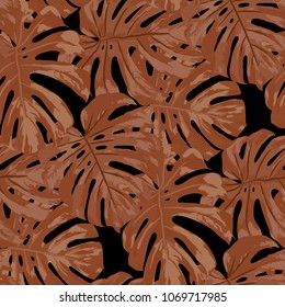 Tropical Leaves. Seamless Texture with Bright Hand Drawn Leaves of Exotic Tree. Spring Rapport for Paper, Cloth, Wallpaper. Vector Seamless Background with Tropic Plants. Watercolor Effect.