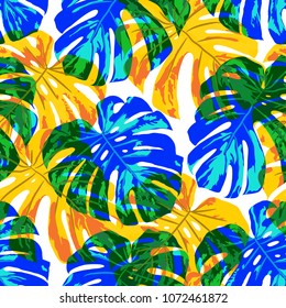 Tropical Leaves. Seamless Texture with Bright Hand Drawn Leaves of Monstera. Trendy Rapport for Print, Cloth, Fabric. Vector Seamless Background with Tropic Plants. Watercolor Effect.