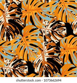 Tropical Leaves. Seamless Texture with Bright Hand Drawn Leaves of Exotic Tree. Summer Rapport for Calico, Textile, Swimwear. Vector Seamless Background with Tropic Plants. Watercolor Effect.