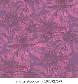 Tropical Leaves. Seamless Texture with Bright Hand Drawn Leaves of Monstera. Summer Rapport for Print, Textile, Fabric. Vector Seamless Background with Tropic Plants. Watercolor Effect.