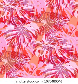 Tropical Leaves. Seamless Texture with Bright Hand Drawn Leaves of Monstera. Summer Rapport for Paper, Textile, Wallpaper. Vector Seamless Background with Tropic Plants. Watercolor Effect.