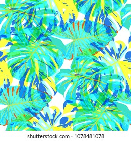 Tropical Leaves. Seamless Texture with Bright Hand Drawn Leaves of Monstera. Spring Rapport for Calico, Textile, Swimwear. Vector Seamless Background with Tropic Plants. Watercolor Effect.