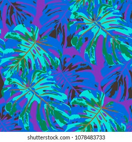 Tropical Leaves. Seamless Texture with Bright Hand Drawn Leaves of Monstera. Spring Rapport for Print, Paper, Swimwear. Vector Seamless Background with Tropic Plants. Watercolor Effect.