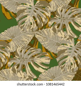 Tropical Leaves. Seamless Texture with Bright Hand Drawn Leaves of Monstera. Bright Rapport for Paper, Cloth, Fabric. Vector Seamless Background with Tropic Plants. Watercolor Effect.