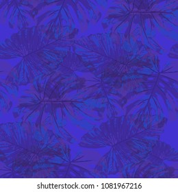 Tropical Leaves. Seamless Texture with Bright Hand Drawn Leaves of Monstera. Bright Rapport for Paper, Cloth, Fabric. Vector Seamless Background with Tropic Plants. Watercolor Effect.