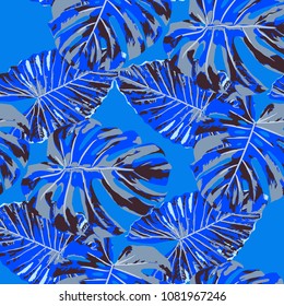 Tropical Leaves. Seamless Texture with Bright Hand Drawn Leaves of Exotic Tree. Spring Rapport for Calico, Textile, Swimwear. Vector Seamless Background with Tropic Plants. Watercolor Effect.