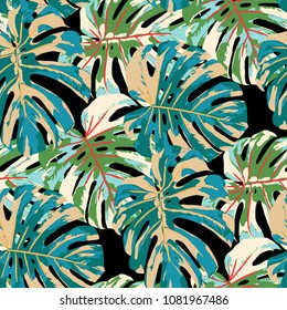 Tropical Leaves. Seamless Texture with Bright Hand Drawn Leaves of Monstera. Summer Rapport for Paper, Textile, Wallpaper. Vector Seamless Background with Tropic Plants. Watercolor Effect.