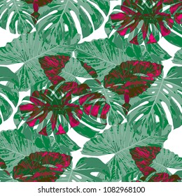 Tropical Leaves. Seamless Texture with Bright Hand Drawn Leaves of Exotic Tree. Spring Rapport for Paper, Textile, Wallpaper. Vector Seamless Background with Tropic Plants. Watercolor Effect.