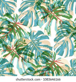 Tropical Leaves. Seamless Texture with Bright Hand Drawn Leaves of Monstera. Trendy Rapport for Print, Cloth, Fabric. Vector Seamless Background with Tropic Plants. Watercolor Effect.