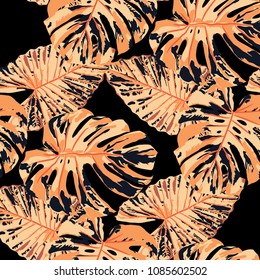 Tropical Leaves. Seamless Texture with Bright Hand Drawn Leaves of Exotic Tree. Bright Rapport for Paper, Textile, Wallpaper. Vector Seamless Background with Tropic Plants. Watercolor Effect.