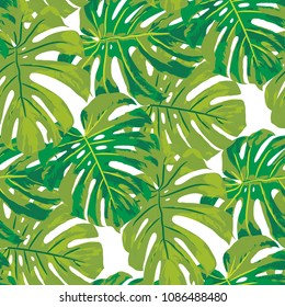 Tropical Leaves. Seamless Texture with Bright Hand Drawn Leaves of Exotic Tree. Trendy Rapport for Paper, Cloth, Fabric. Vector Seamless Background with Tropic Plants. Watercolor Effect.