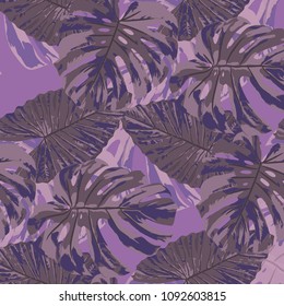 Tropical Leaves. Seamless Texture with Bright Hand Drawn Leaves of Monstera. Trendy Rapport for Print, Textile, Swimwear. Vector Seamless Background with Tropic Plants. Watercolor Effect.