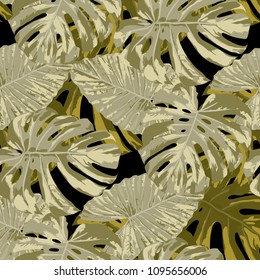 Tropical Leaves. Seamless Texture with Bright Hand Drawn Leaves of Exotic Tree. Bright Rapport for Print, Cloth, Fabric. Vector Seamless Background with Tropic Plants. Watercolor Effect.