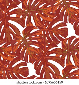 Tropical Leaves. Seamless Texture with Bright Hand Drawn Leaves of Exotic Tree. Spring Rapport for Paper, Textile, Wallpaper. Vector Seamless Background with Tropic Plants. Watercolor Effect.