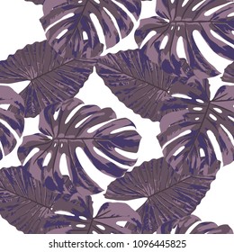 Tropical Leaves. Seamless Texture with Bright Hand Drawn Leaves of Exotic Tree. Trendy Rapport for Print, Paper, Swimwear. Vector Seamless Background with Tropic Plants. Watercolor Effect.