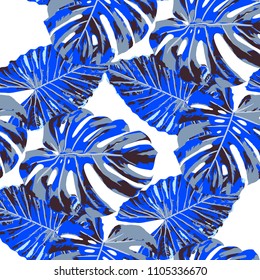 Tropical Leaves. Seamless Texture with Bright Hand Drawn Leaves of Exotic Tree. Summer Rapport for Print, Cloth, Fabric. Vector Seamless Background with Tropic Plants. Watercolor Effect.