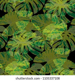 Tropical Leaves. Seamless Texture with Bright Hand Drawn Leaves of Monstera. Spring Rapport for Paper, Textile, Wallpaper. Vector Seamless Background with Tropic Plants. Watercolor Effect.