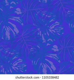 Tropical Leaves. Seamless Texture with Bright Hand Drawn Leaves of Monstera. Spring Rapport for Print, Textile, Swimwear. Vector Seamless Background with Tropic Plants. Watercolor Effect.