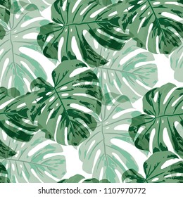 Tropical Leaves. Seamless Texture with Bright Hand Drawn Leaves of Exotic Tree. Trendy Rapport for Calico, Textile, Wallpaper. Vector Seamless Background with Tropic Plants. Watercolor Effect.
