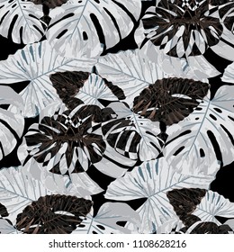 Tropical Leaves. Seamless Texture with Bright Hand Drawn Leaves of Exotic Tree. Summer Rapport for Print, Cloth, Fabric. Vector Seamless Background with Tropic Plants. Watercolor Effect.