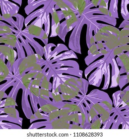 Tropical Leaves. Seamless Texture with Bright Hand Drawn Leaves of Exotic Tree. Summer Rapport for Calico, Textile, Swimwear. Vector Seamless Background with Tropic Plants. Watercolor Effect.