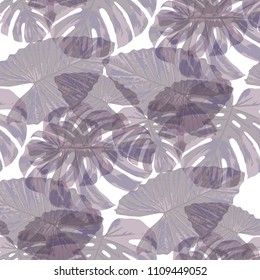 Tropical Leaves. Seamless Texture with Bright Hand Drawn Leaves of Monstera. Bright Rapport for Print, Textile, Fabric. Vector Seamless Background with Tropic Plants. Watercolor Effect.