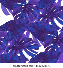 Tropical Leaves. Seamless Texture with Bright Hand Drawn Leaves of Exotic Tree. Bright Rapport for Paper, Textile, Wallpaper. Vector Seamless Background with Tropic Plants. Watercolor Effect.