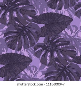 Tropical Leaves. Seamless Texture with Bright Hand Drawn Leaves of Monstera. Summer Rapport for Print, Paper, Swimwear. Vector Seamless Background with Tropic Plants. Watercolor Effect.