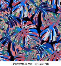 Tropical Leaves. Seamless Texture with Bright Hand Drawn Leaves of Exotic Tree. Summer Rapport for Print, Cloth, Fabric. Vector Seamless Background with Tropic Plants. Watercolor Effect.