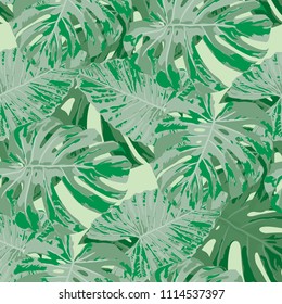 Tropical Leaves. Seamless Texture with Bright Hand Drawn Leaves of Exotic Tree. Bright Rapport for Print, Textile, Swimwear. Vector Seamless Background with Tropic Plants. Watercolor Effect.