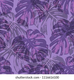 Tropical Leaves. Seamless Texture with Bright Hand Drawn Leaves of Monstera. Bright Rapport for Print, Paper, Swimwear. Vector Seamless Background with Tropic Plants. Watercolor Effect.