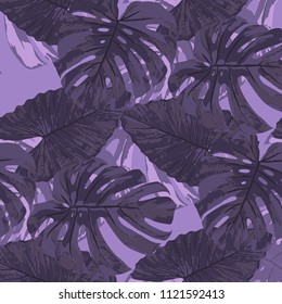 Tropical Leaves. Seamless Texture with Bright Hand Drawn Leaves of Exotic Tree. Summer Rapport for Paper, Cloth, Wallpaper. Vector Seamless Background with Tropic Plants. Watercolor Effect.