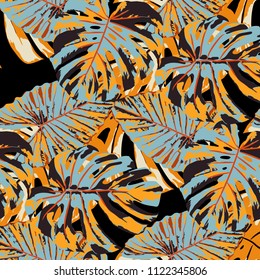 Tropical Leaves. Seamless Texture with Bright Hand Drawn Leaves of Monstera. Summer Rapport for Paper, Textile, Wallpaper. Vector Seamless Background with Tropic Plants. Watercolor Effect.