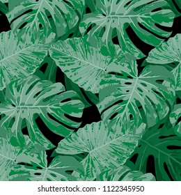 Tropical Leaves. Seamless Texture with Bright Hand Drawn Leaves of Exotic Tree. Bright Rapport for Print, Cloth, Fabric. Vector Seamless Background with Tropic Plants. Watercolor Effect.